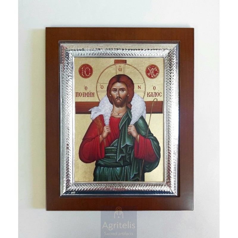 Silver Icon, Agritelis Sacred Artifacts, ieraskevi.com, Christ the Good Shepherd 26,5 x 21,5 cm