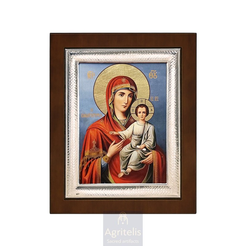 Silver Icon, Agritelis Sacred Artifacts, ieraskevi.com, Panagia Odigitria (Guide) Blue Background 26,5 x 21,5 cm