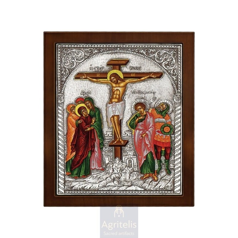 Silver Icon, Agritelis Sacred Artifacts, ieraskevi.com, THE CRUCIFIXION WITH SILK-SCREEN PRINTING ON CANVAS 27 x 23 cm