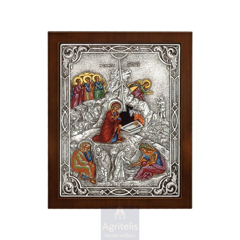 Silver Icon, Agritelis Sacred Artifacts, ieraskevi.com, THE BIRTH WITH SILK-SCREEN PRINTING ON CANVAS 27 x 23 cm