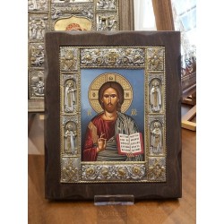 Silver Icon, Agritelis Sacred Artifacts, ieraskevi.com, Christ Blue Background Dimension 34 x 28 cm