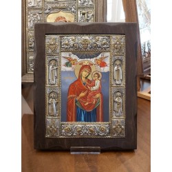 Silver Icon, Agritelis Sacred Artifacts, ieraskevi.com, Panagia Gorgoepikoos Blue Background Dimension 34 x 28 cm