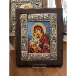 Silver Icon, Agritelis Sacred Artifacts, ieraskevi.com, Panagia Glykofilousa Blue Background Dimension 34 x 28 cm