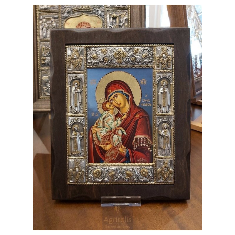 Silver Icon, Agritelis Sacred Artifacts, ieraskevi.com, Panagia Glykofilousa Blue Background Dimension 34 x 28 cm