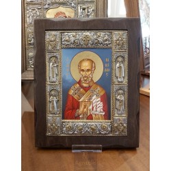 Silver Icon, Agritelis Sacred Artifacts, ieraskevi.com, Saint Nikolaos Blue Background Dimension 34 x 28 cm