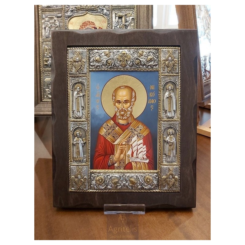 Silver Icon, Agritelis Sacred Artifacts, ieraskevi.com, Saint Nikolaos Blue Background Dimension 34 x 28 cm