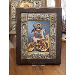 Silver Icon, Agritelis Sacred Artifacts, ieraskevi.com, Saint Georgios Blue Background Dimension 34 x 28 cm