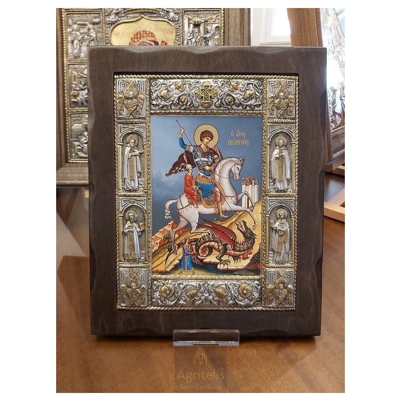 Silver Icon, Agritelis Sacred Artifacts, ieraskevi.com, Saint Georgios Blue Background Dimension 34 x 28 cm