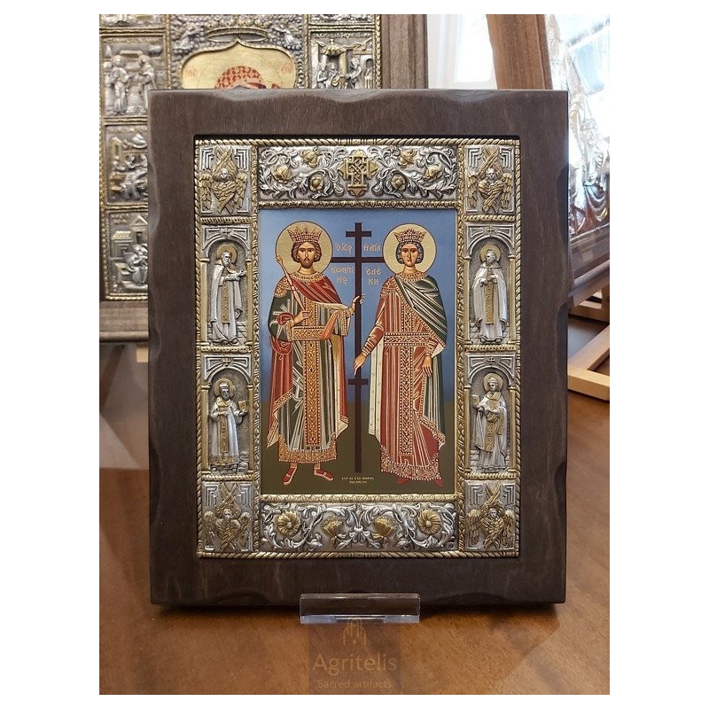 Silver Icon, Agritelis Sacred Artifacts, ieraskevi.com, Saints Konstantinos and Eleni Blue Background Dimension 34 x 28 cm