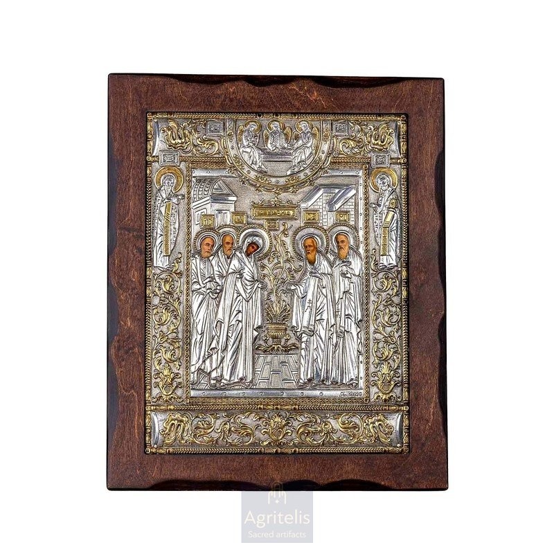 Silver Icon, Agritelis Sacred Artifacts, ieraskevi.com, Saint Sergios of Radonezh Miracle of the Visit of Panagia 34 x 28 cm