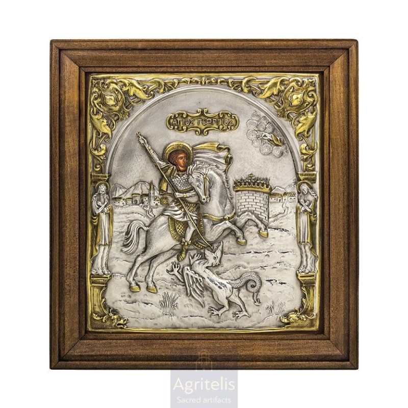 Silver Icon, Agritelis Sacred Artifacts, ieraskevi.com, Saint Georgios 40 x 36 cm