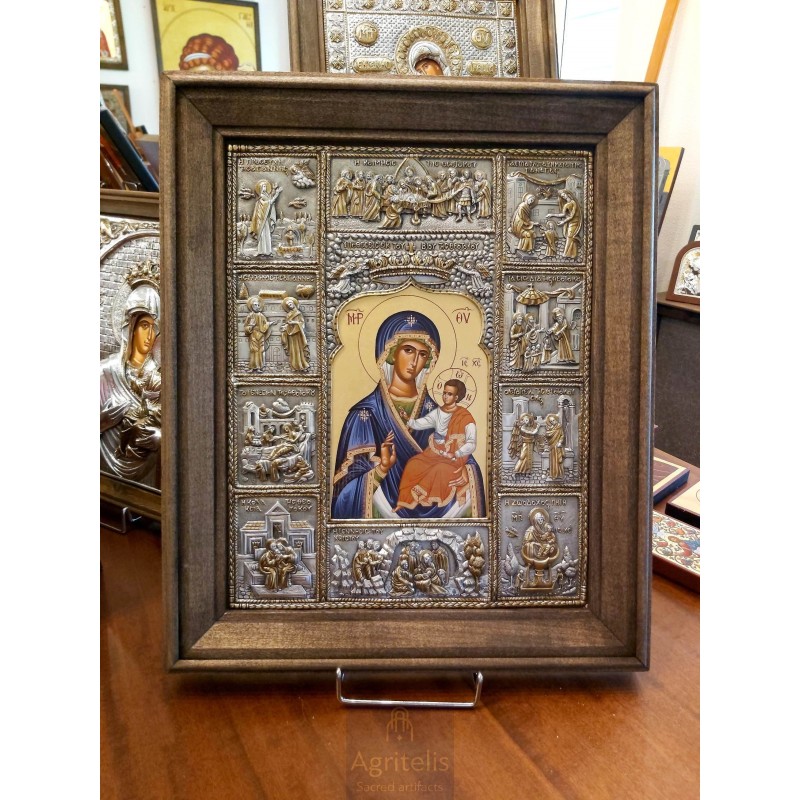 Silver Icon, Agritelis Sacred Artifacts, ieraskevi.com, The Life of Panagia Odigitria Blue Dress 48 x 40 cm