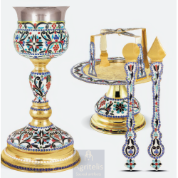 Chalice Set, Cup, Spear, Spoon, Disk Enameled and Gold Plated carved