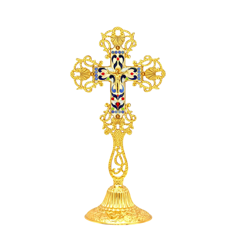 Cast Holy Water Blessing Cross – Gold-Tone with Enamel