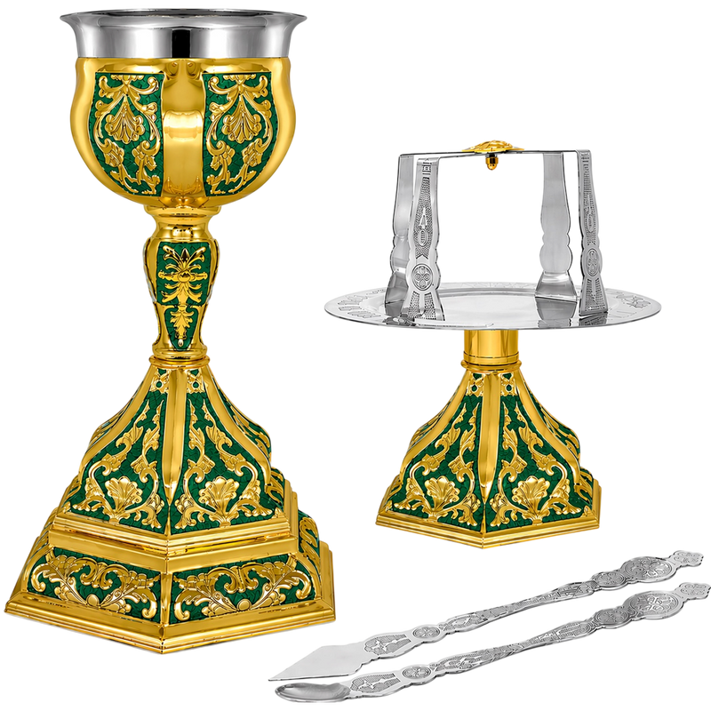Set hexagonal de Sfinte Vase aurit cu email verde