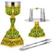 Set de potir hexagonal aurit cu email verde