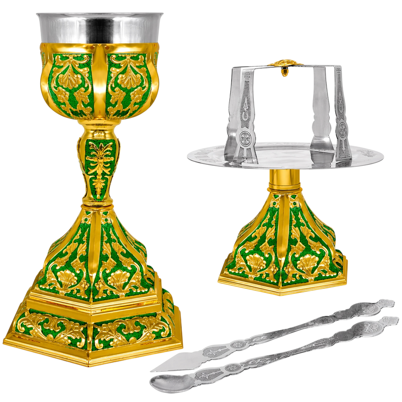 Set de potir hexagonal aurit cu email verde