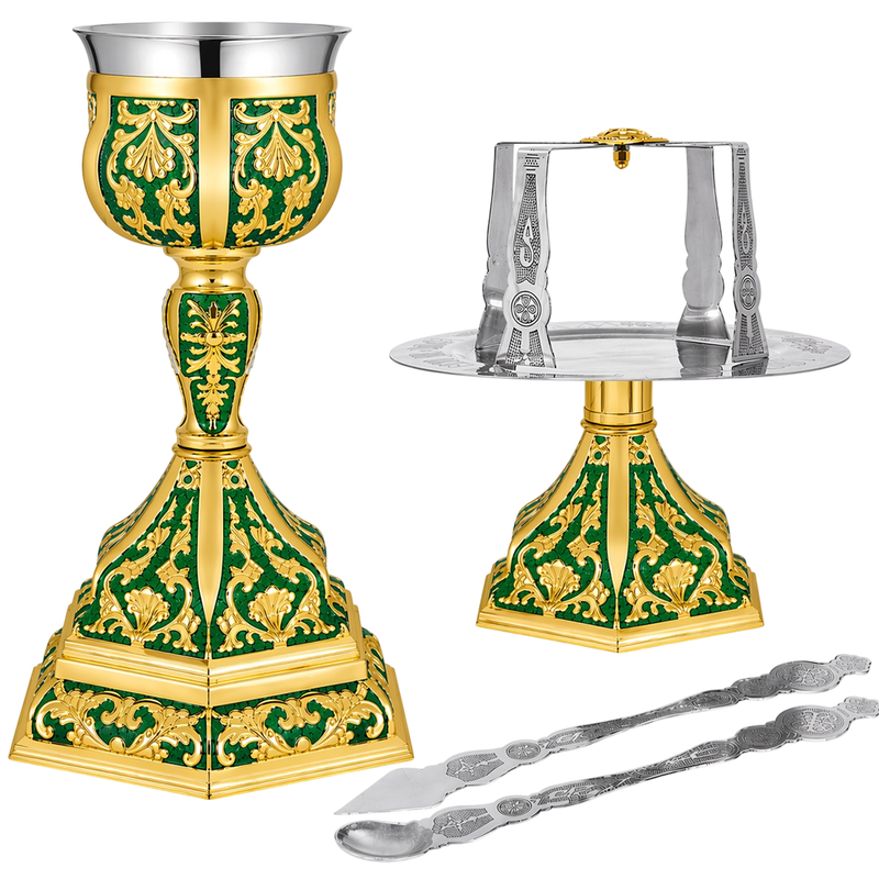 Set hexagonal de Sfinte Vase aurit cu email verde