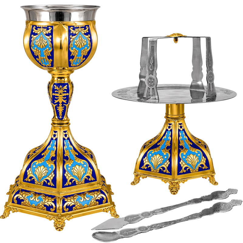 Set de Sfinte Vase aurit cu email albastru și bază hexagonală