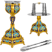 Set de Sfinte Vase aurit cu email albastru și bază hexagonală