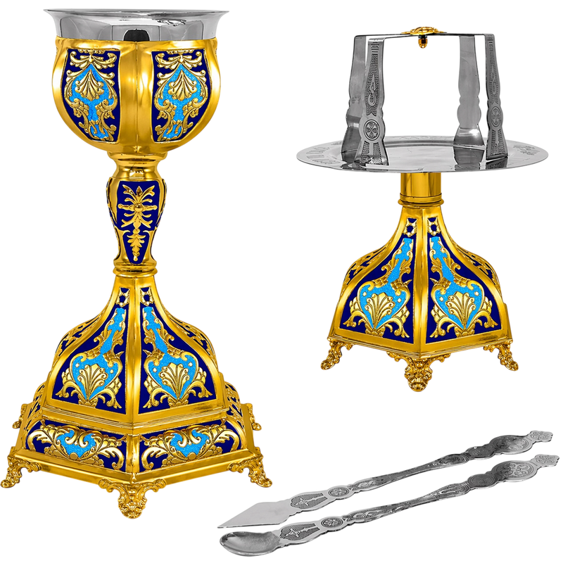 Set de Sfinte Vase aurit cu email albastru și bază hexagonală