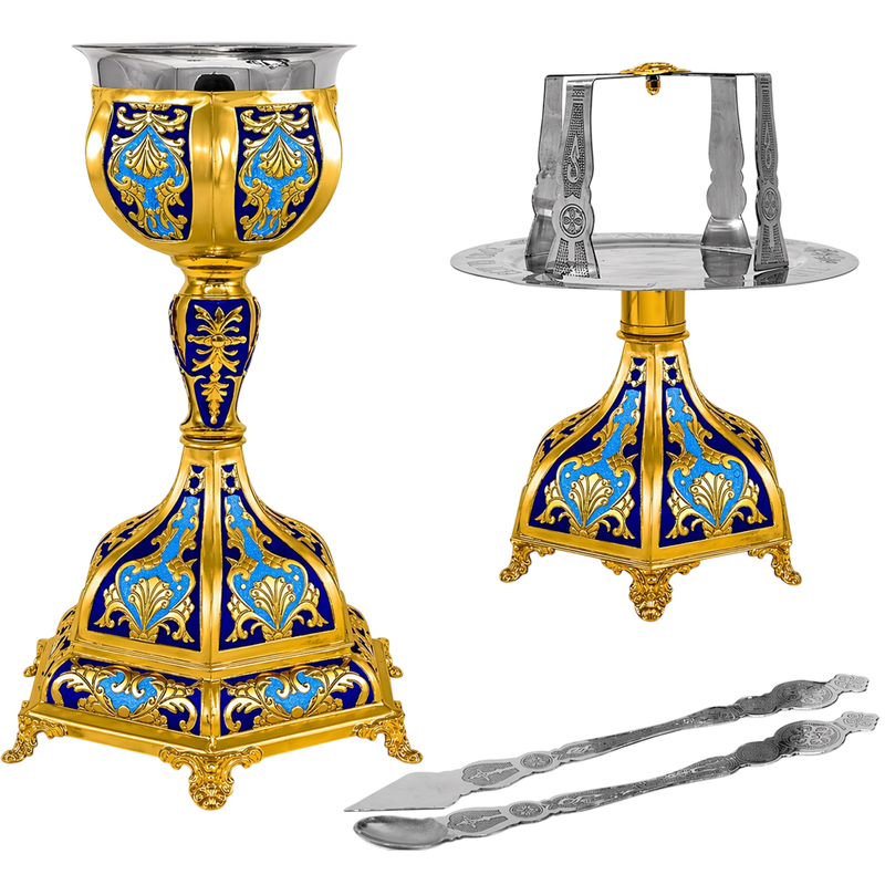 Set de Sfinte Vase aurit cu email albastru și bază hexagonală
