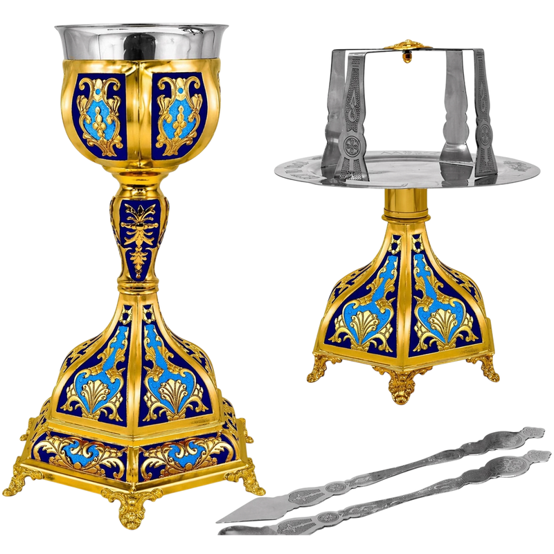 Set de Sfinte Vase aurit cu email albastru și bază hexagonală