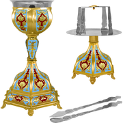 Set de potir aurit cu bază hexagonală și email albastru deschis