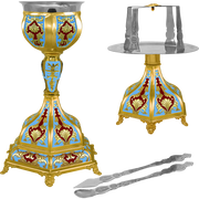 Set de Sfinte Vase aurit cu bază hexagonală și email albastru deschis