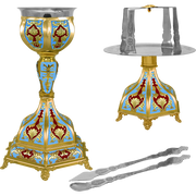 Set de Sfinte Vase aurit cu bază hexagonală și email albastru deschis