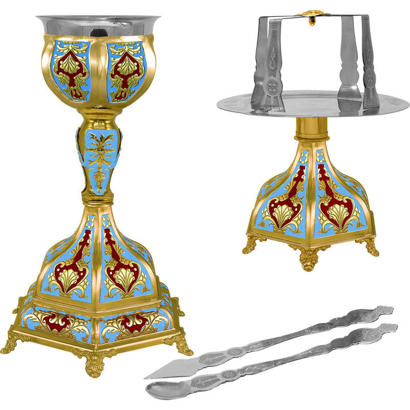 Set de Sfinte Vase aurit cu bază hexagonală și email albastru deschis