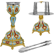 Set de potir aurit cu bază hexagonală și email albastru deschis