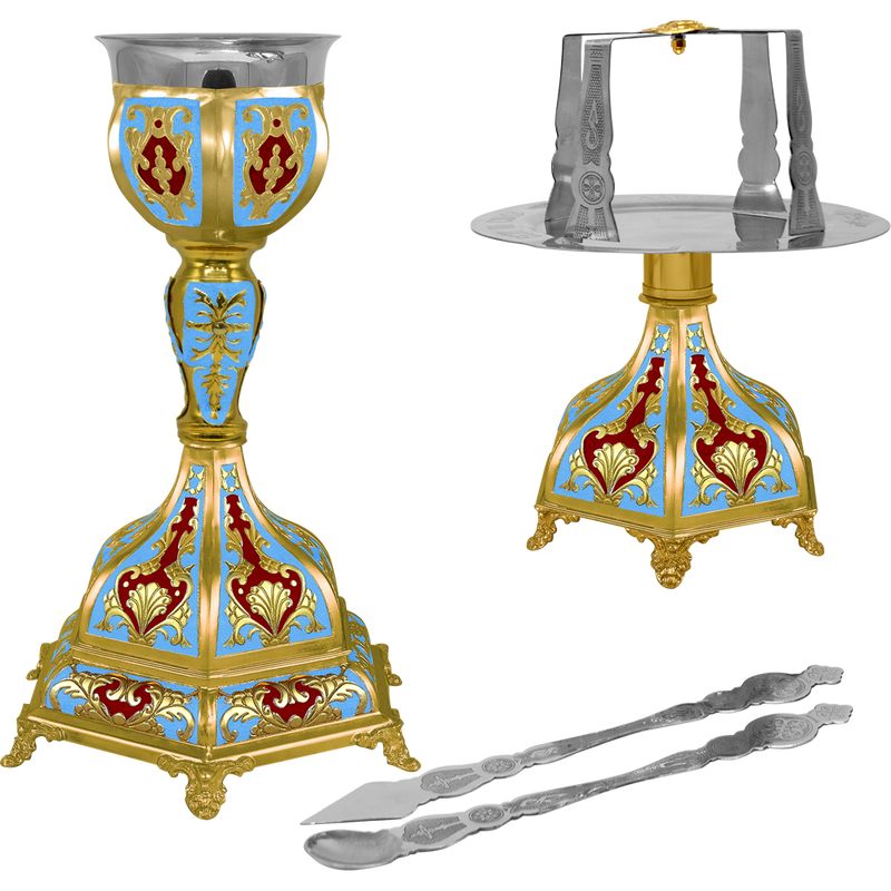 Set de potir aurit cu bază hexagonală și email albastru deschis