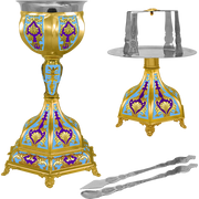Set de Sfinte Vase aurit cu bază hexagonală și email albastru deschis