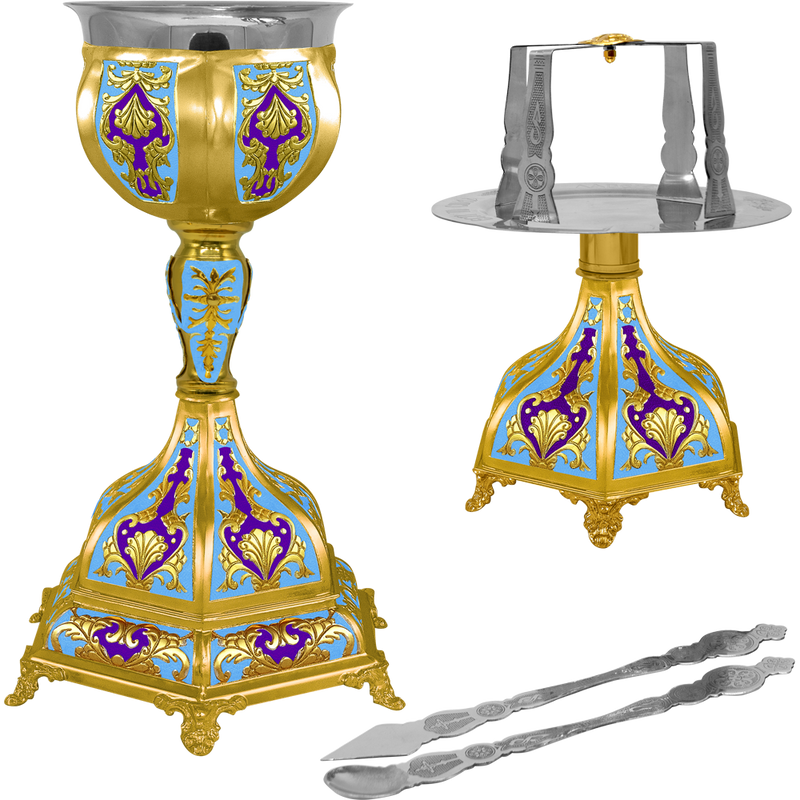 Set de Sfinte Vase aurit cu bază hexagonală și email albastru deschis