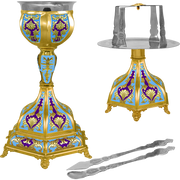 Set de potir aurit cu bază hexagonală și email albastru deschis