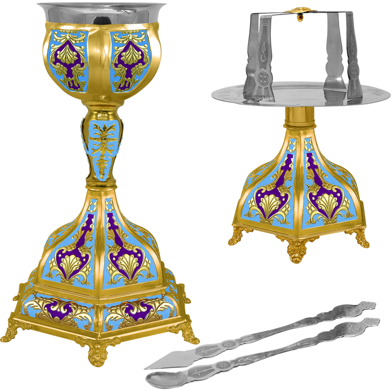 Set de potir aurit cu bază hexagonală și email albastru deschis