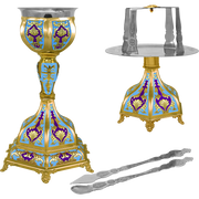 Set de potir aurit cu bază hexagonală și email albastru deschis