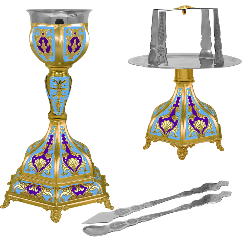 Set de Sfinte Vase aurit cu bază hexagonală și email bleu