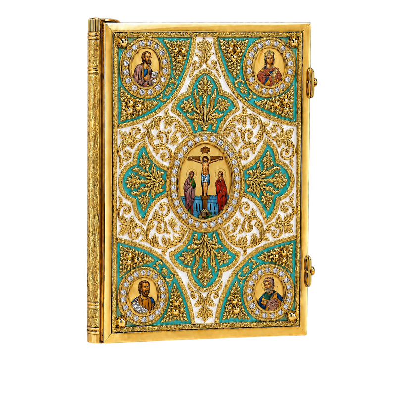 Extra-Large Gold-Tone Gospel Book with New Hearts Design, Enamel and Stones – Turquoise/White