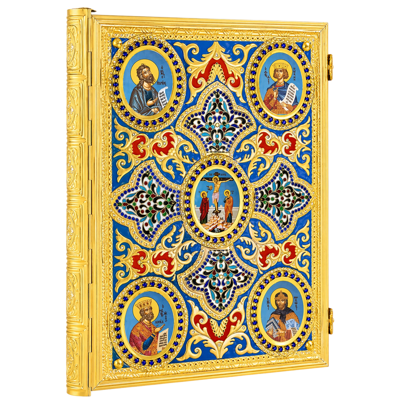 Extra-Large Gold-Tone Gospel Book with Heart Design and Enamel – Steel Blue/Red