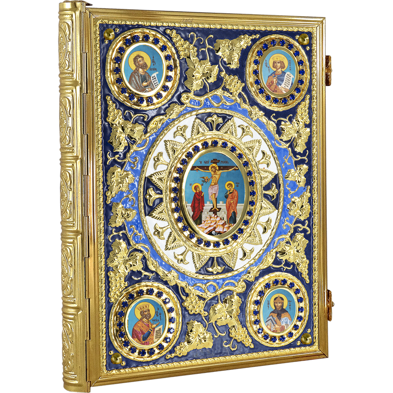 Vine-Design Gospel Book — Gold Tone, Blue and Steel Blue Enamel