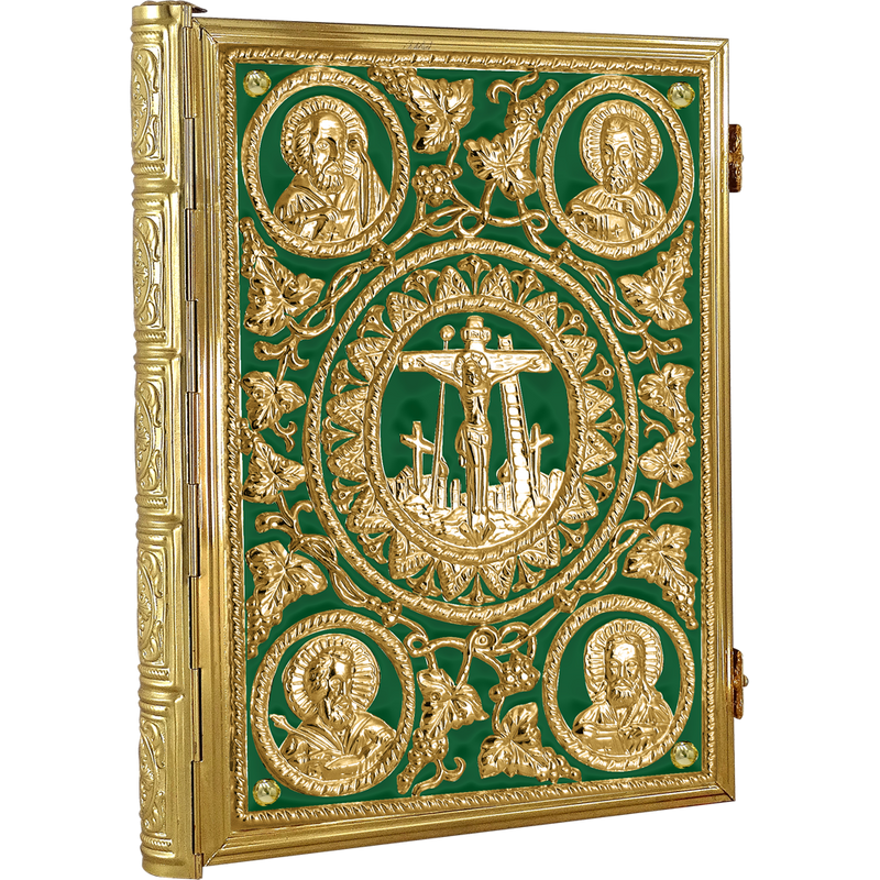 Vine-Design Gospel Book — Gold Tone, Green Enamel