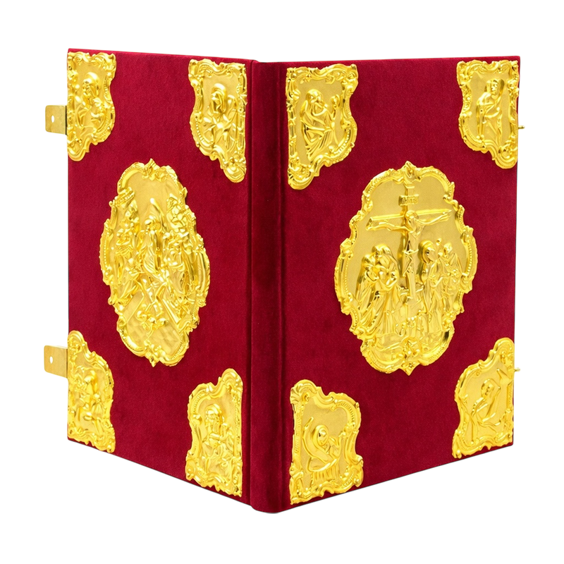 Gospel Book with Religious Scenes — Gold Tone, Red Velvet