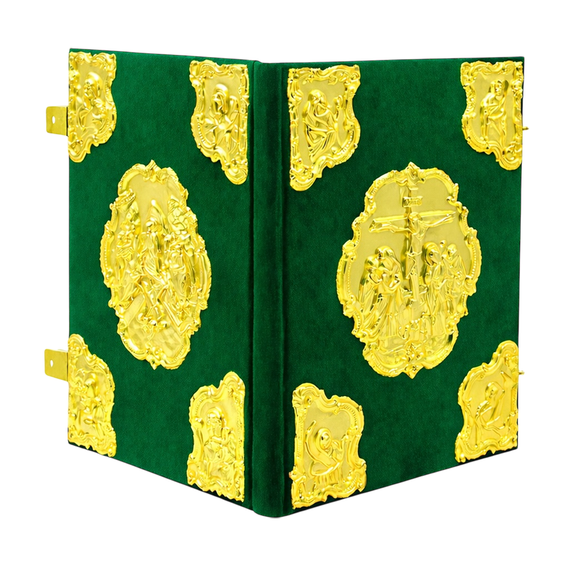 Gospel Book with Religious Scenes — Gold Tone, Green Velvet