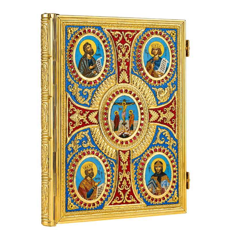Cross-Motif Gospel Book — Gold Tone, Stones, Red and Blue Enamel