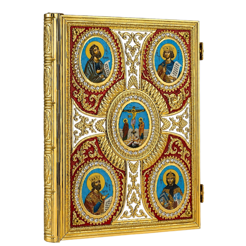 Евангелие с крестом, золотистое, эмаль, камни, красно-белое
