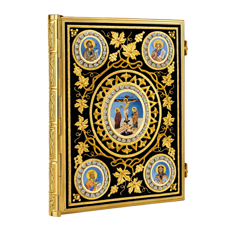 Embroidered Vine-Design Gospel Book — Gold Tone, Burgundy Velvet