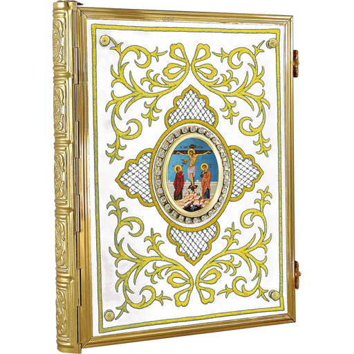 Evanghelie brodată cu model diamant — auriu, catifea albă