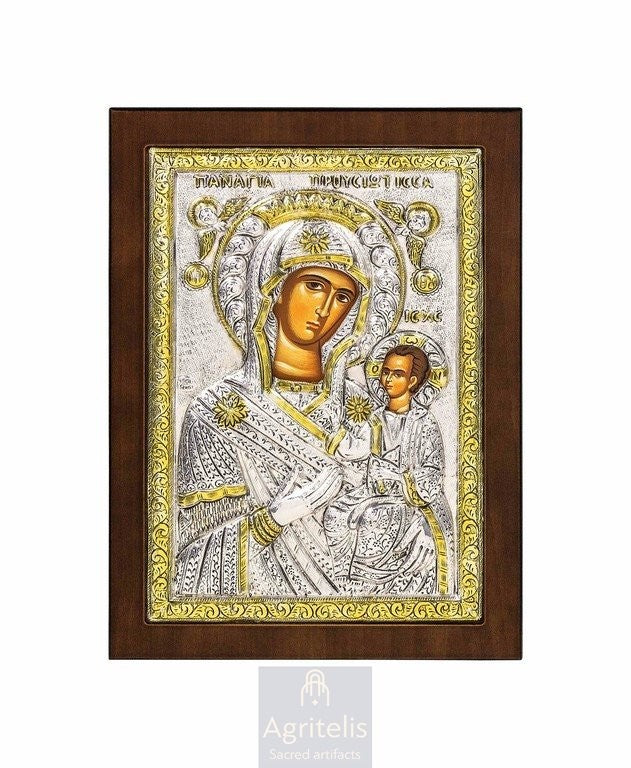 Silver Icon, Agritelis Church Supplies, ieraskevi.com, Theotokos the Unfading Rose — 23 x 17cm